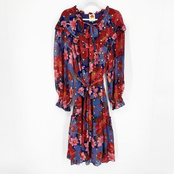 Farm Rio Garden Ruffle Long Sleeve Belted Midi Dress - Picture 4 of 9